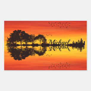Modern Orange Sunset Guitarist Name Watercolor Rectangular Sticker