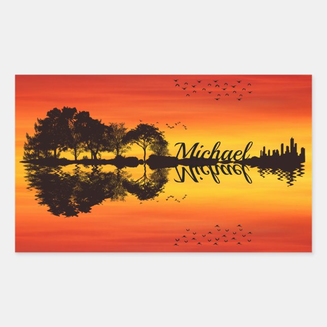 Modern Orange Sunset Guitarist Name Watercolor Rectangular Sticker (Front)