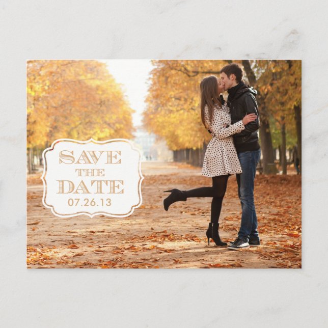 Modern Orange Swirl Label Save the Date Photo Card (Front)