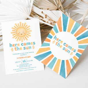 Modern Orange Teal Here Comes The Son Baby Shower Invitation