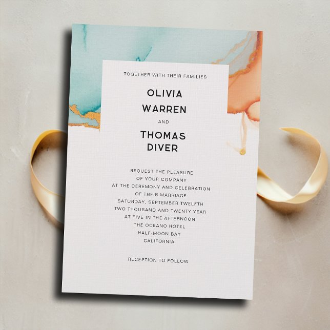 Modern Orange Teal Minimalist Gold Fall Wedding Invitation (modern orange teal fall wedding invitation elegant minimalist simple romantic bohemian classy autumn)