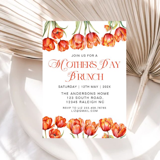Modern Orange Tulips Floral Mothers Day Brunch Invitation (Creator Uploaded)