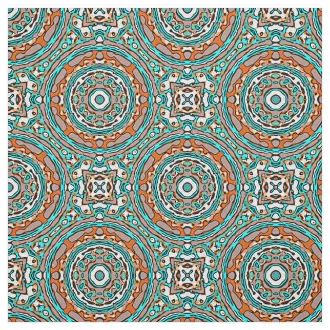 Modern Orange Turquoise Ethnic Mosaic Pattern Fabric (Swatch)