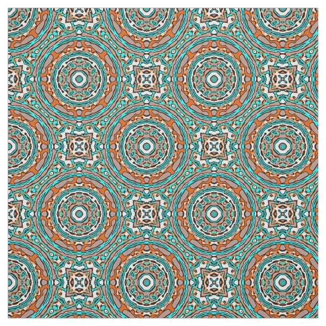 Modern Orange Turquoise Ethnic Mosaic Pattern Fabric (Swatch)