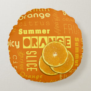 Modern Orange Typography Fruit Slice Round Cushion