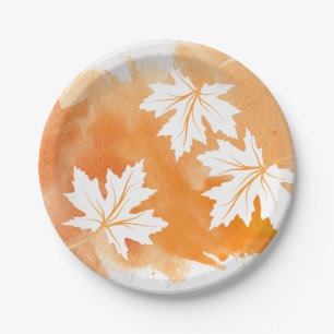 Modern orange watercolor and maple leaves paper plate