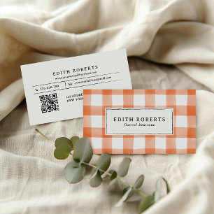 Modern Orange Watercolor Buffalo Plaid QR CODE Business Card