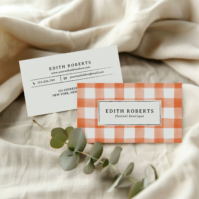 Modern Orange Watercolor Buffalo Plaid Rustic Business Card (Creator Uploaded)