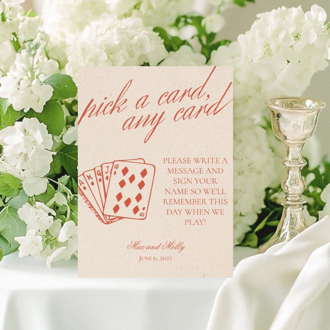 Modern Orange Wedding Playing Cards Pedestal Sign (Add a fun touch to your wedding or event with this modern serif playing cards guest book sign!)