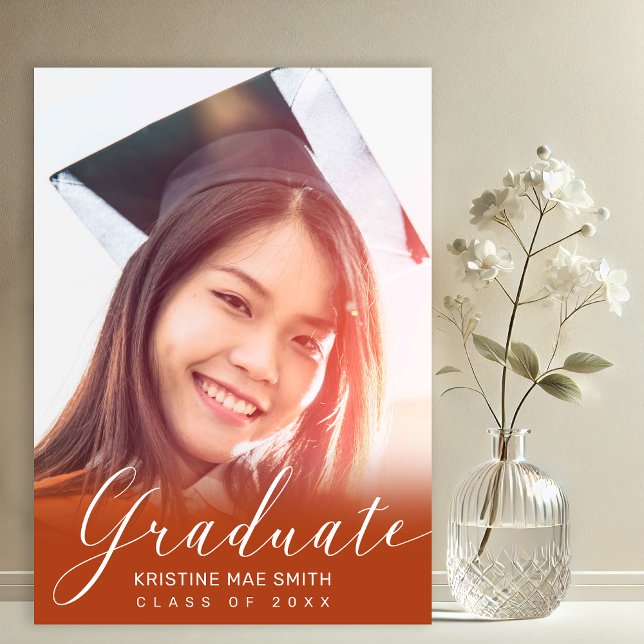 Modern Orange White Calligraphy Photo Graduation  Invitation (Orange with White Calligraphy Script Photo Graduation Announcement and Party Invitation)