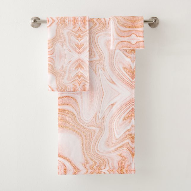 Modern orange white faux marble texture bath towel set (Insitu)