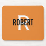 Modern orange white monogram men name mouse pad<br><div class="desc">Modern design with orange background,  a modern white monogram with black name. Personalise with your name and initial.</div>