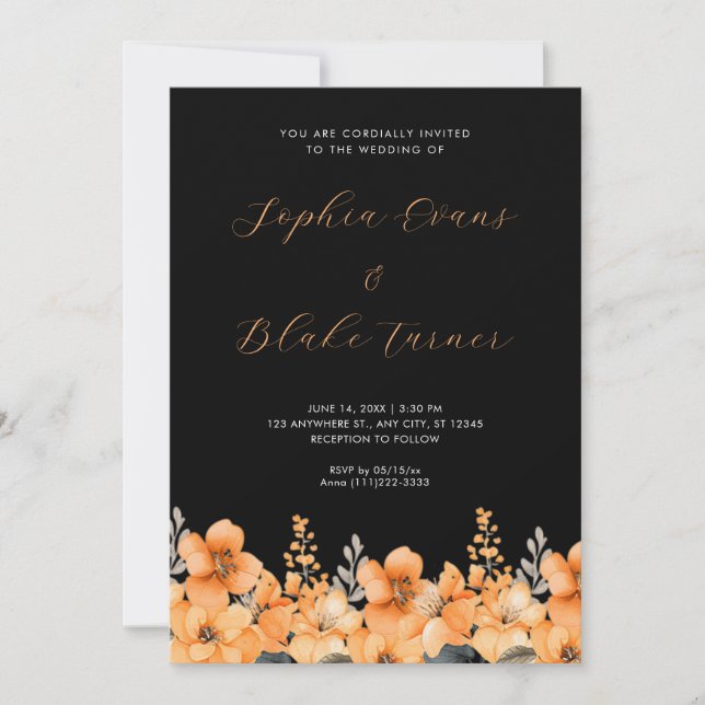 Modern Orange Wildflowers Garden Black Wedding Invitation (Front)