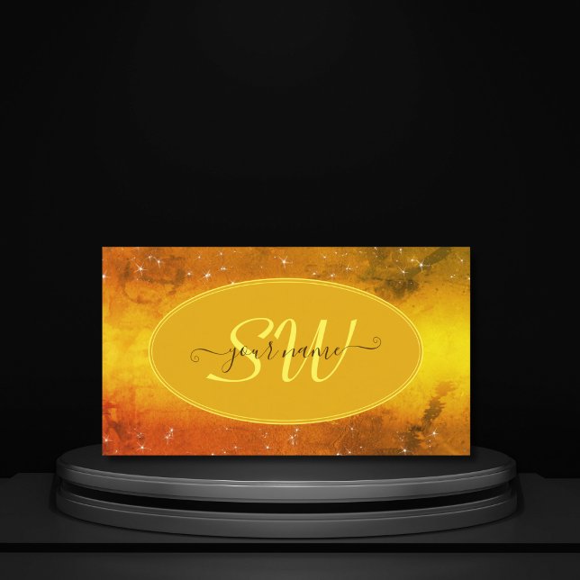 Modern Orange Yellow Marble Glitter Stars Monogram Business Card (Creator Uploaded)