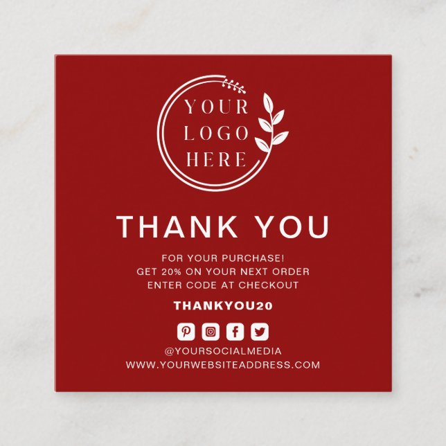 Modern Order Thank You Custom Logo Social Media Square Business Card (Front)