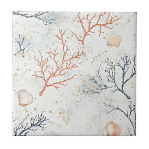 Modern Organic Coral Branches Beige Blue Tile