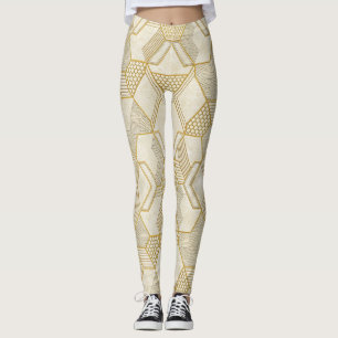 Modern Organic Hexagon Pattern Cream and Beige 2 Leggings