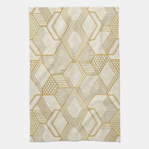 Modern Organic Hexagon Pattern Cream and Beige 2 Tea Towel