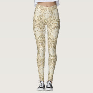 Modern Organic Hexagon Pattern Cream and Beige Leggings