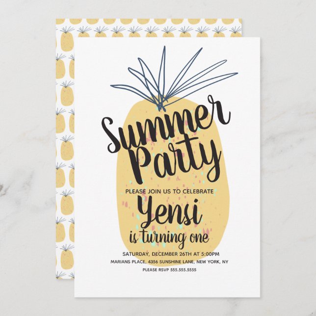 Modern Organic Pineapple Birthday Tropical Invitat Invitation (Front/Back)