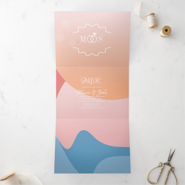 Modern Organic Sunset Waters Ocean Wedding Tri-Fold Invitation (Inside)