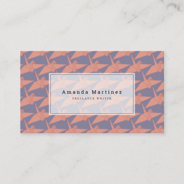 Modern Origami Crane Pattern Purple & Orange Business Card (Front)