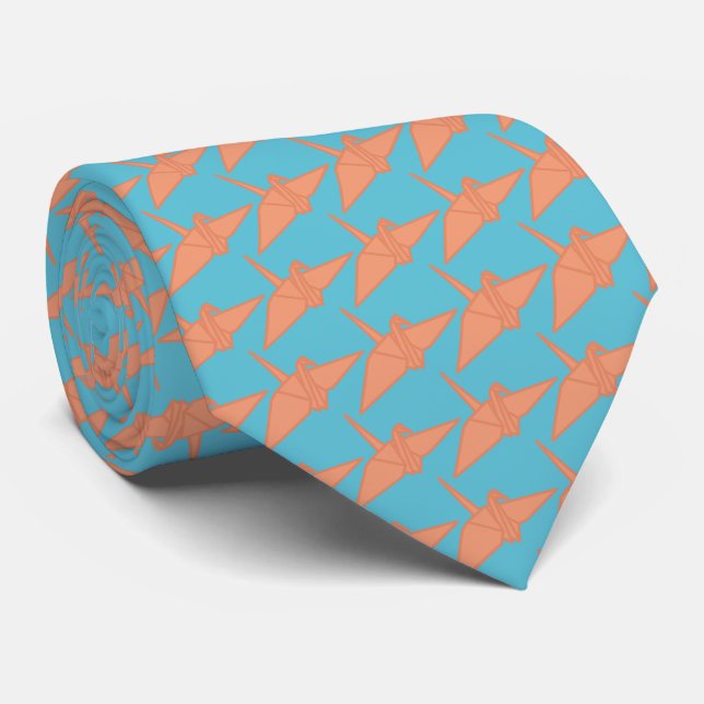 Modern Origami Crane Pattern Sky Blue & Orange Tie (Rolled)