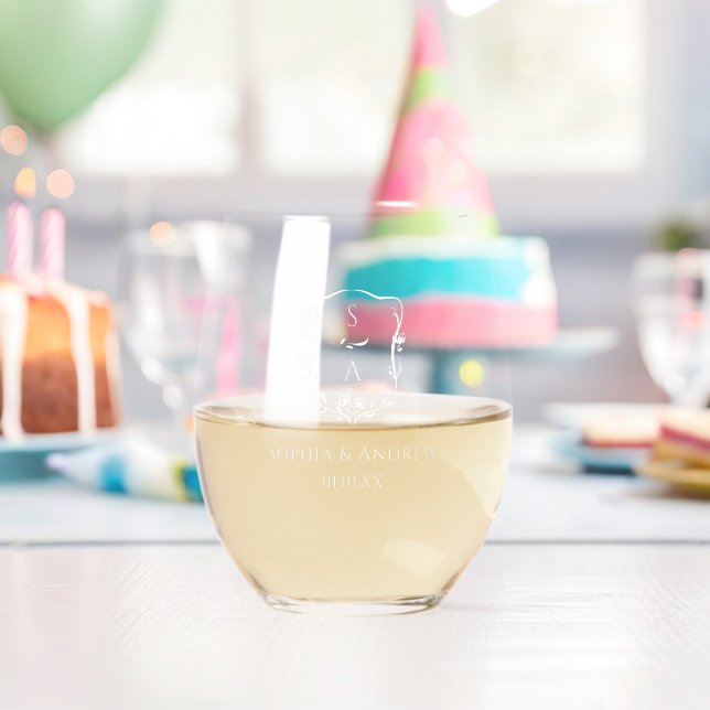Modern Original Couple's Monogram Floral Crest Stemless Wine Glass (Insitu (Birthday))