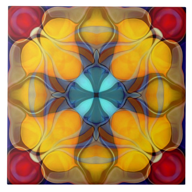 Modern, ornamental, elegant, yellow, teal, red tile (Front)