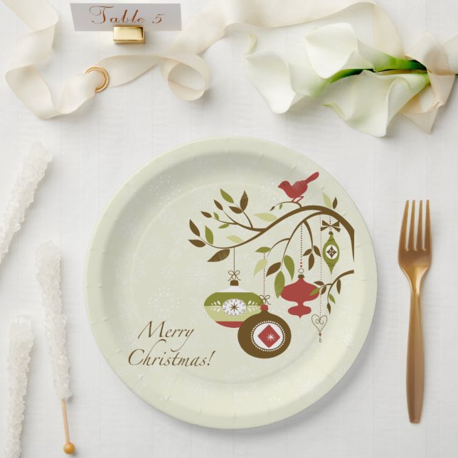 Modern Ornaments Bird on Tree Merry Christmas  Paper Plate (Wedding)