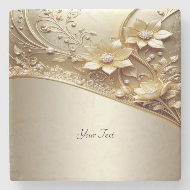 Modern Ornate Gold Floral Stone Coaster (Front)