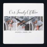 Modern Our Family Of Three | Photo Square Wall Clock<br><div class="desc">Ths stylish modern 3 photo wall clock is the perfect gift for friends and family. The pillow features the text 'OUR FAMILY OF THREE AND THE FAMILY MEMBERS NAMES', plus 3 of your favourite family pictures. The text is all easily edited and the font styles, sizes and colours can be...</div>