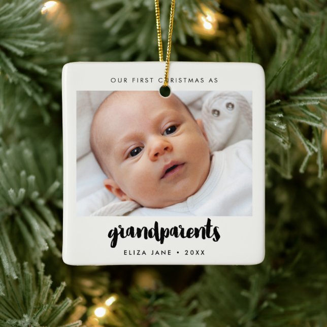 Modern Our First Christmas as grandparents Photo Ceramic Ornament (Tree)
