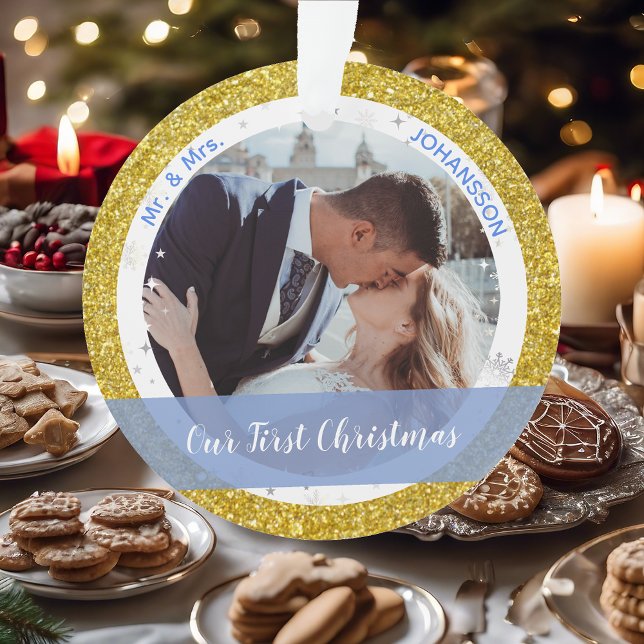 Modern Our First Christmas as Mr and Mrs 2 Photos Ornament (Our First Christmas Together as Mr. and Mrs. Elegant Golden Glitter Christmas Ornament 2 Photos Snow)