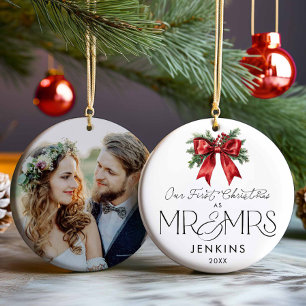 Modern Our First Christmas as Mr and Mrs Photo Ceramic Tree Decoration