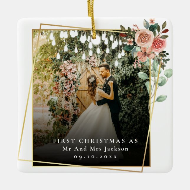 Modern Our First Christmas As Mr & Mrs Floral  Ceramic Ornament (Front)