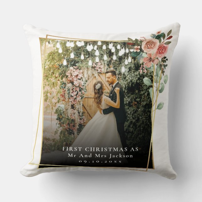 Modern Our First Christmas As Mr & Mrs Floral  Cushion (Front)