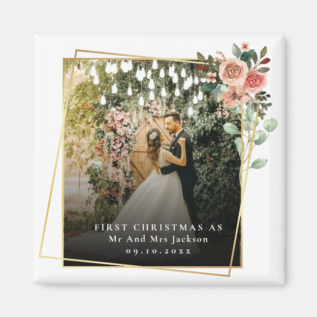 Modern Our First Christmas As Mr & Mrs Floral  Magnet (Front)