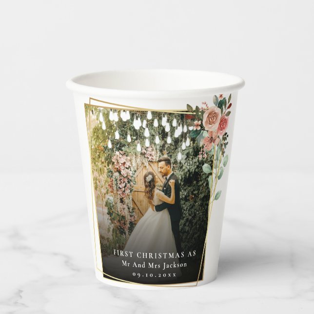 Modern Our First Christmas As Mr & Mrs Floral  Paper Cups (Front)