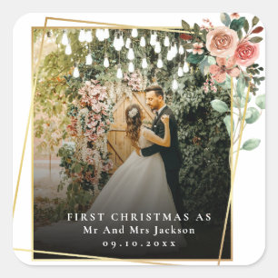 Modern Our First Christmas As Mr & Mrs Floral  Square Sticker