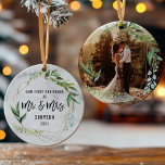 Modern Our First Christmas As Mr & Mrs Photo Ceramic Tree Decoration<br><div class="desc">Modern Our First Christmas As Mr & Mrs Photo Newlyweds Ornament</div>