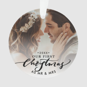 Modern 'Our First Christmas As Mr & Mrs' Photo Ornament