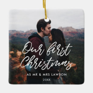 Modern Our First Christmas couple photo Ceramic Ornament