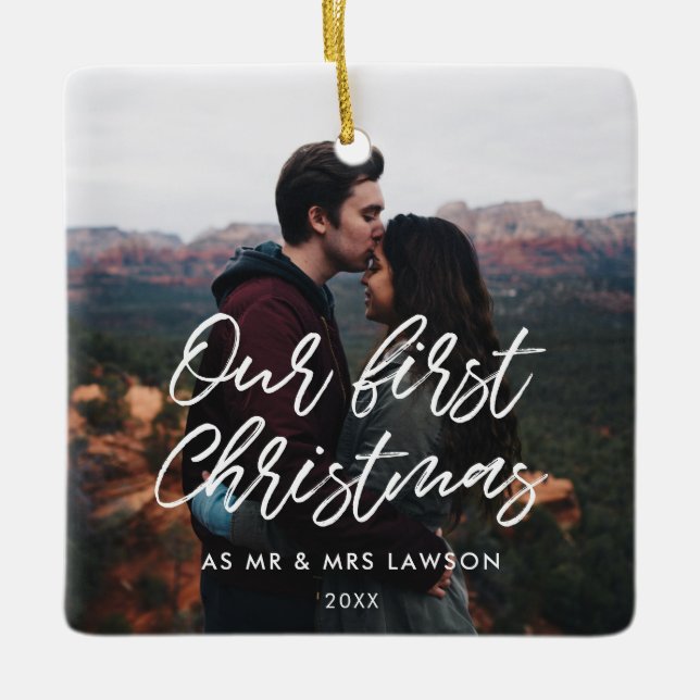 Modern Our First Christmas couple photo Ceramic Ornament (Front)