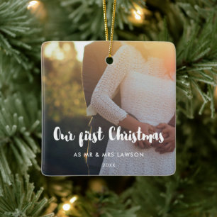Modern Our First Christmas couple photo Ceramic Ornament