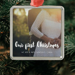 Modern Our First Christmas couple photo Metal Tree Decoration<br><div class="desc">A modern typography for this photo ornaments collection. To customise with your favourite picture. You can also easily change the colour of the font to your liking.</div>