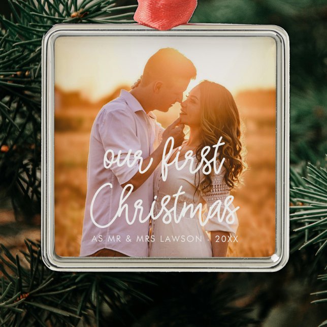 Modern Our First Christmas couple photo Metal Tree Decoration (Creator Uploaded)