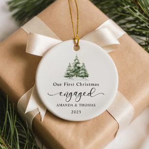 Modern Our First Christmas Engaged Photo Ceramic Tree Decoration