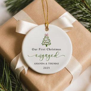 Modern Our First Christmas Engaged Photo Ceramic Tree Decoration