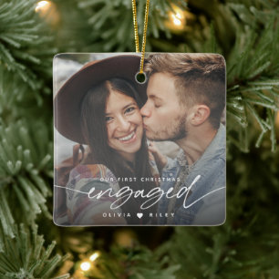Modern Our First Christmas Engagement Photo Ceramic Ornament